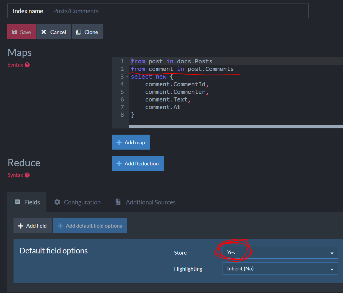 from post in docs.Posts from comment in post.Comments select new { ... }